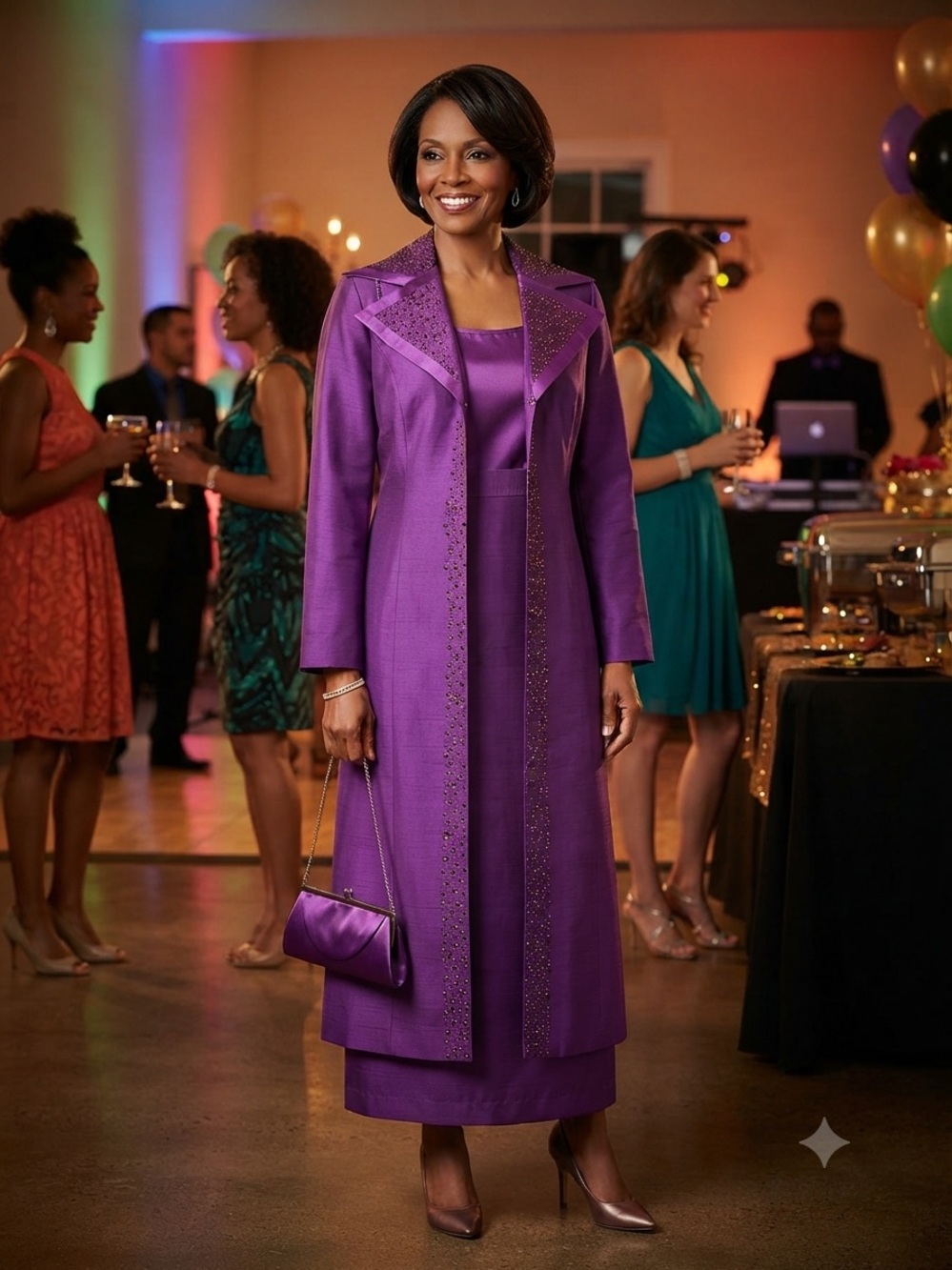EY Signature Purple Beaded Duster Jacket & Skirt Set Size 8